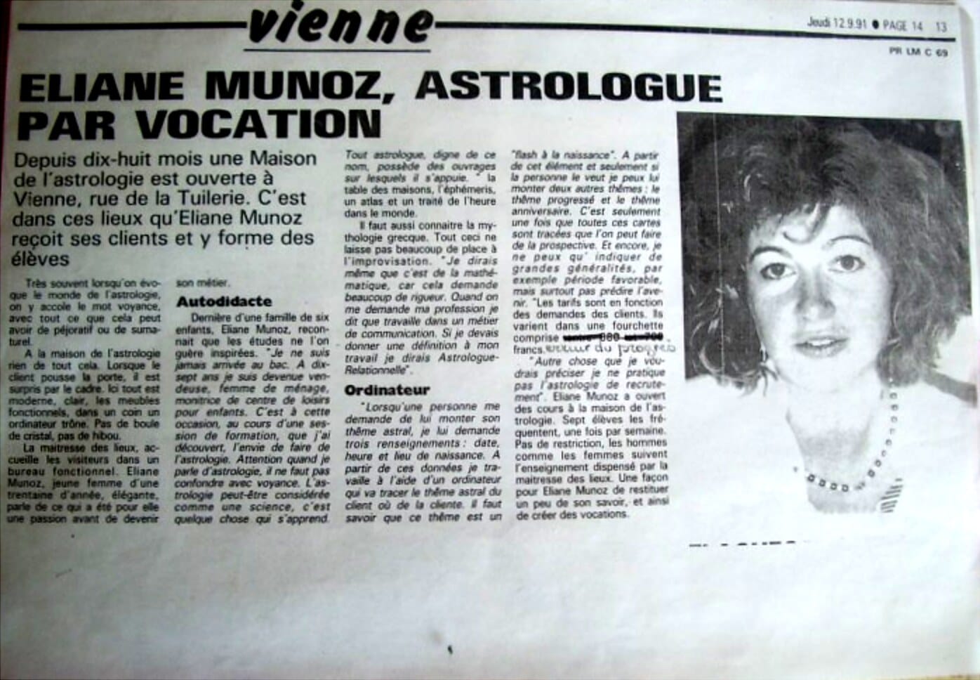 Article de presse de 1991 titré « Eliane Munoz, astrologue par vocation », avec son portrait