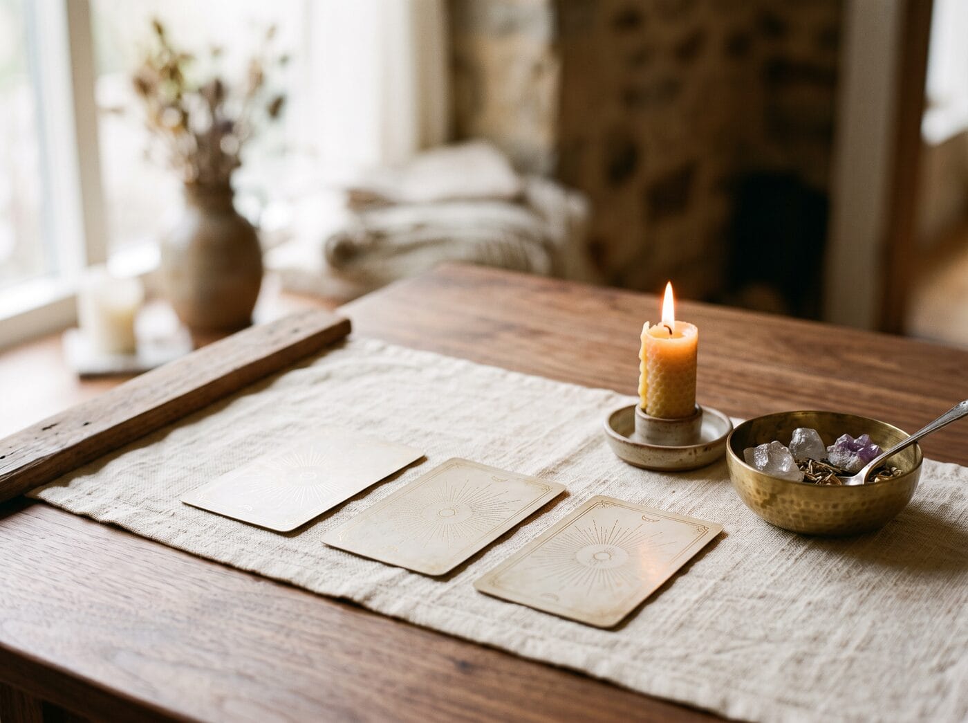 Cartes de tarot disposées sur une table en bois